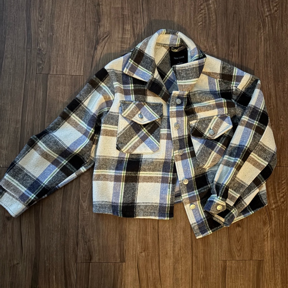 Multicolor Blue and Brown Plaid Semi Cropped Fit Jacket- Large